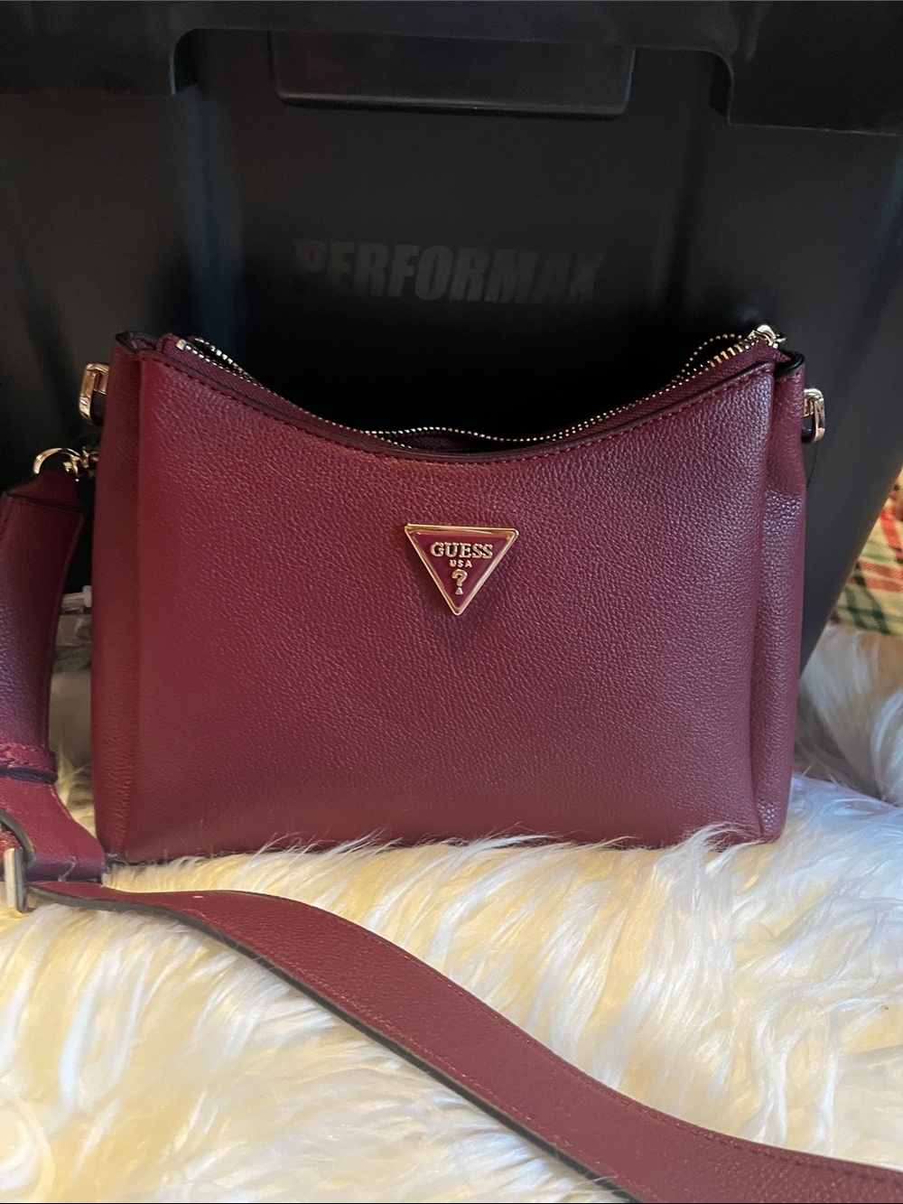 Guess Wine Pebbled Crossbody Bag with Gold Logo